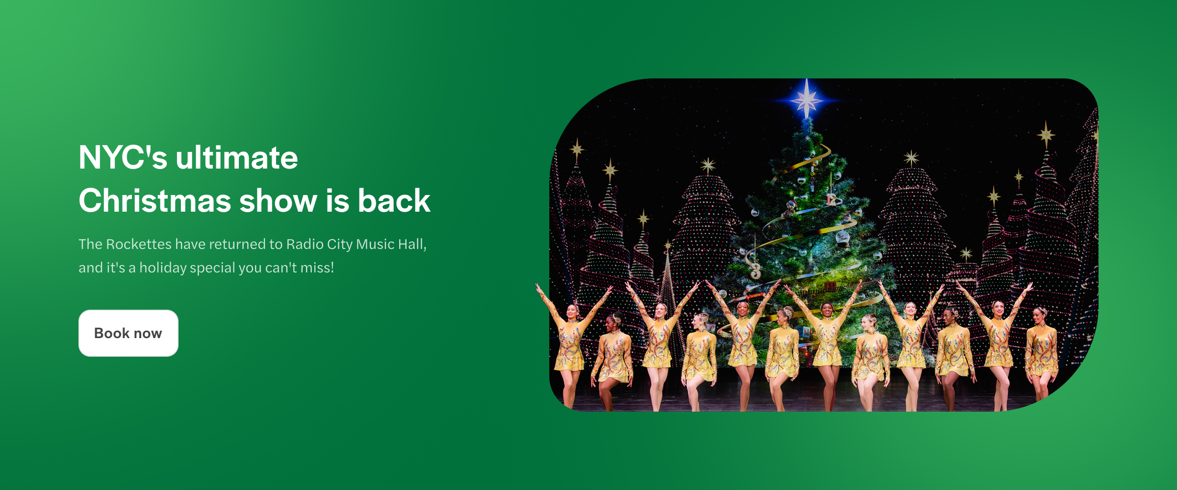 Rockettes performing at Radio City Music Hall, New York, with Christmas decorations.